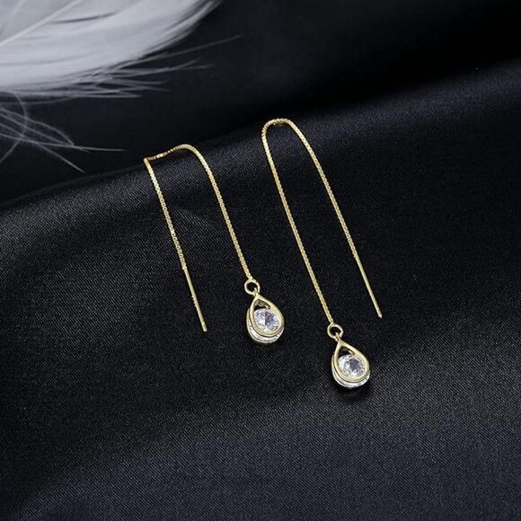 Gold 925 Sterling Silver Threader Earrings CZ Droplet Chain Dangle Earrings Gift - Picture 3 of 6